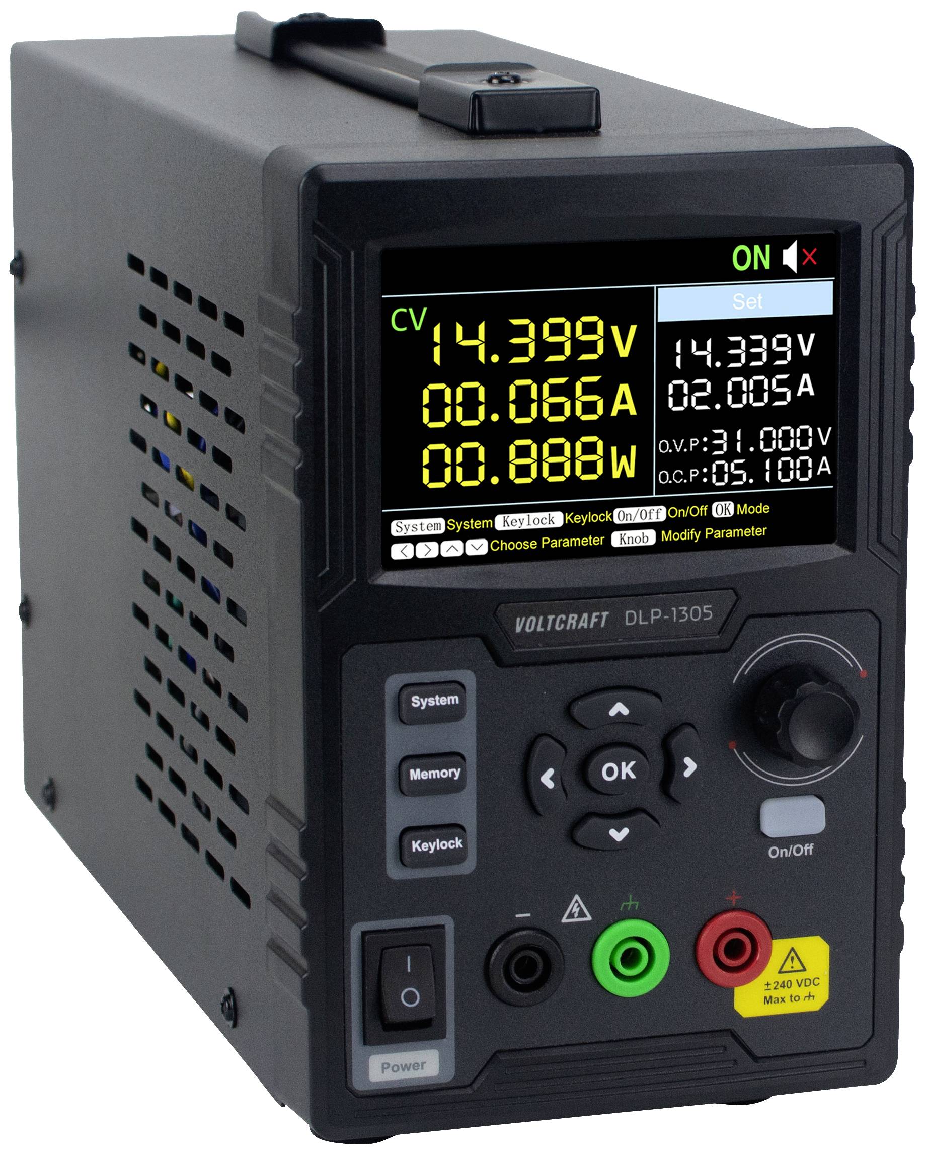 Zwart laborvoedingsapparaat met digitaal display toont spanning (14,39V), stroomsterkte (0,066A) en vermogen (0,888W). Voorzien van toetsen en draaiknop voor bediening.