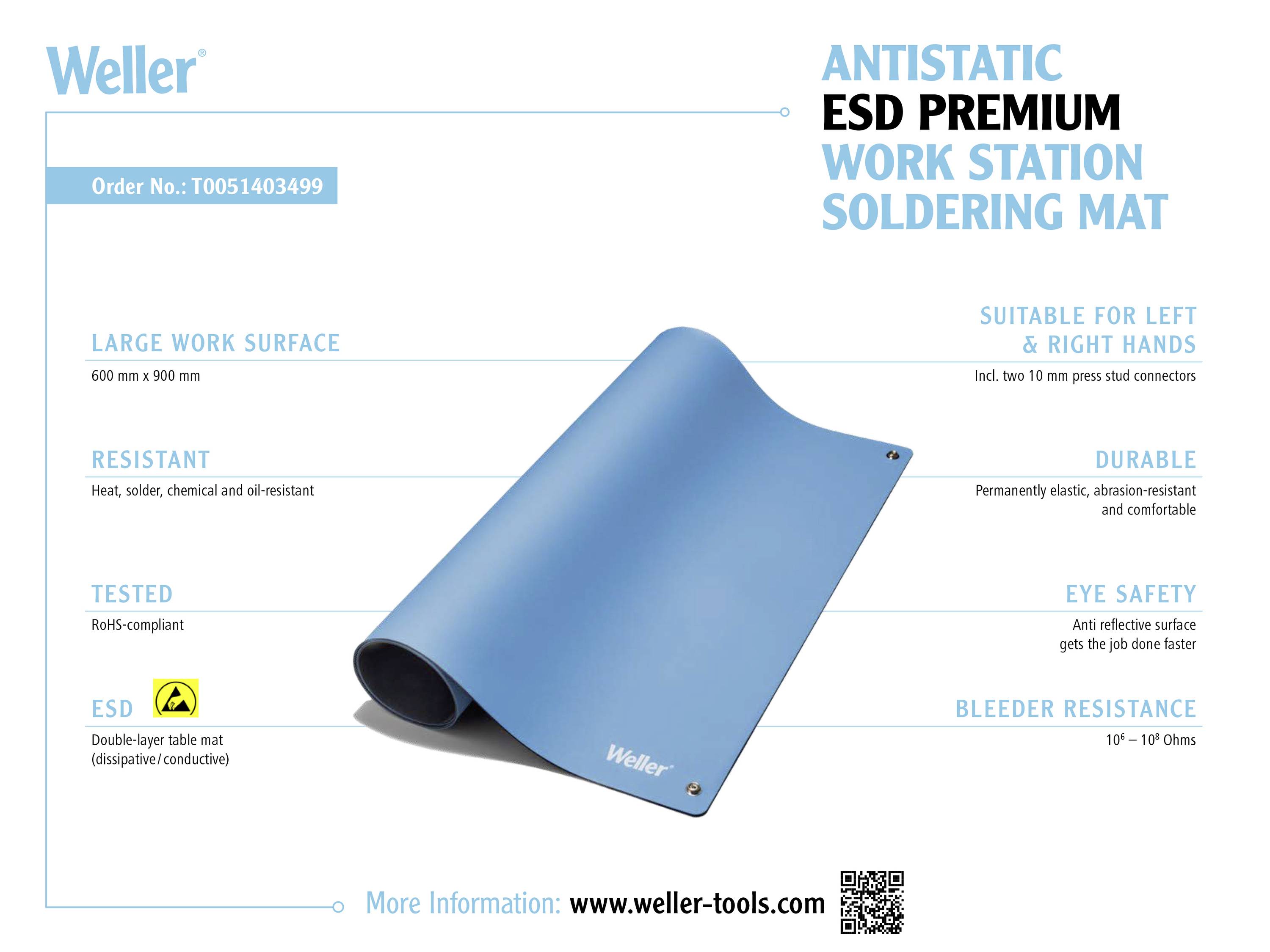 'Weller ESD Premium Werkbank Soldeermat' met groot werkoppervlak van 600x900 mm, duurzaam, warmte- en chemicaliënbestendig, geschikt voor zowel rechts- als linkshandigen.