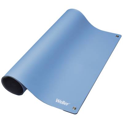 Een blauwe soldeermatsurface met het opschrift 'Weller' in de hoek, licht opgerold, ter bescherming van oppervlakken tijdens het solderen.