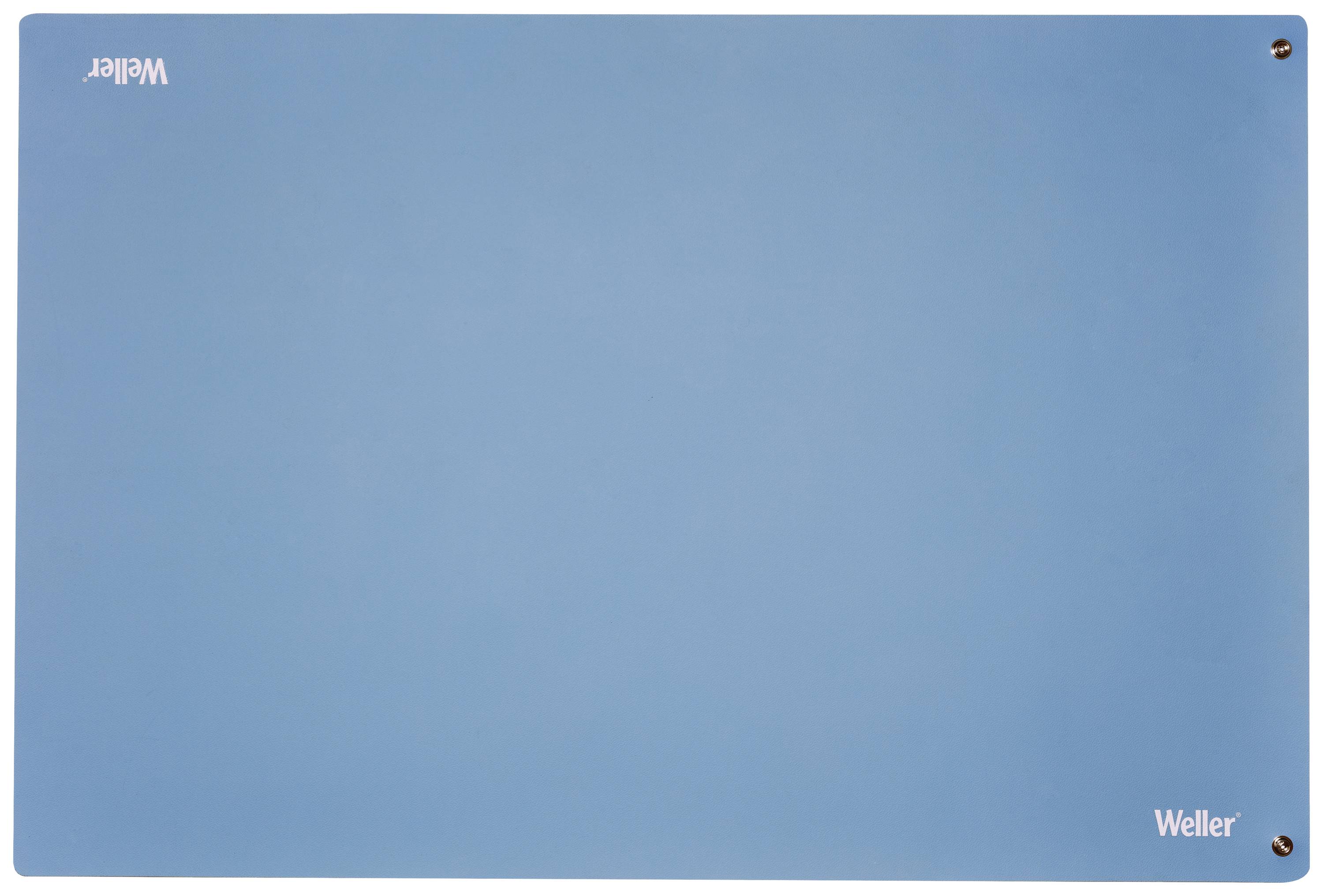 Een rechthoekig, blauw siliconenpad met twee kleine, ronde metalen boringen in de hoeken. Links bovenaan staat 'Weller' gedrukt.