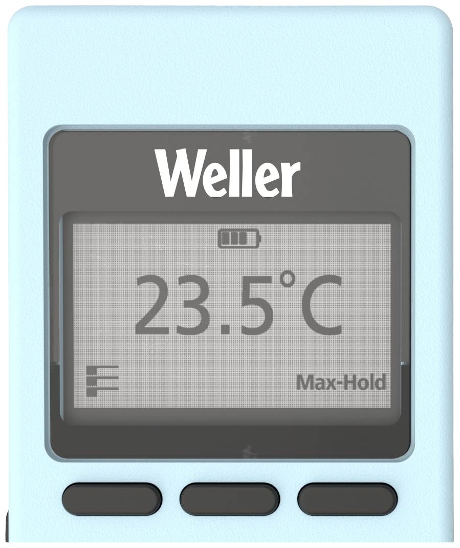 Digitale weergave van een thermometer met het opschrift 'Weller', toont 23,5°C, batterij-indicator bijna leeg, modus 'Max-Hold'.