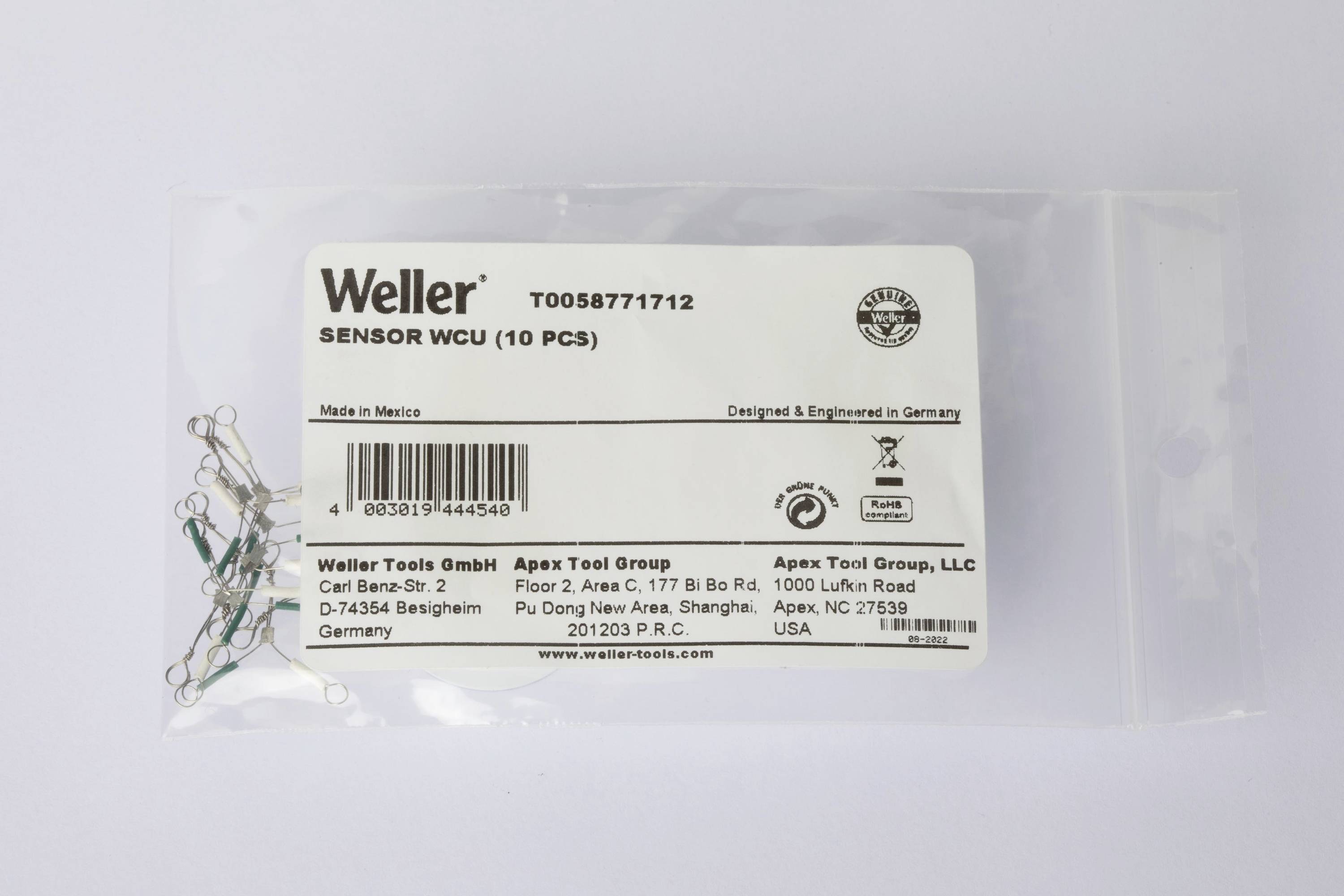 Transparante plastic zak met 10 Weller SENSOR WCU onderdelen. Etiket met fabrikantinformatie, artikelnummer en landen van oorsprong.
