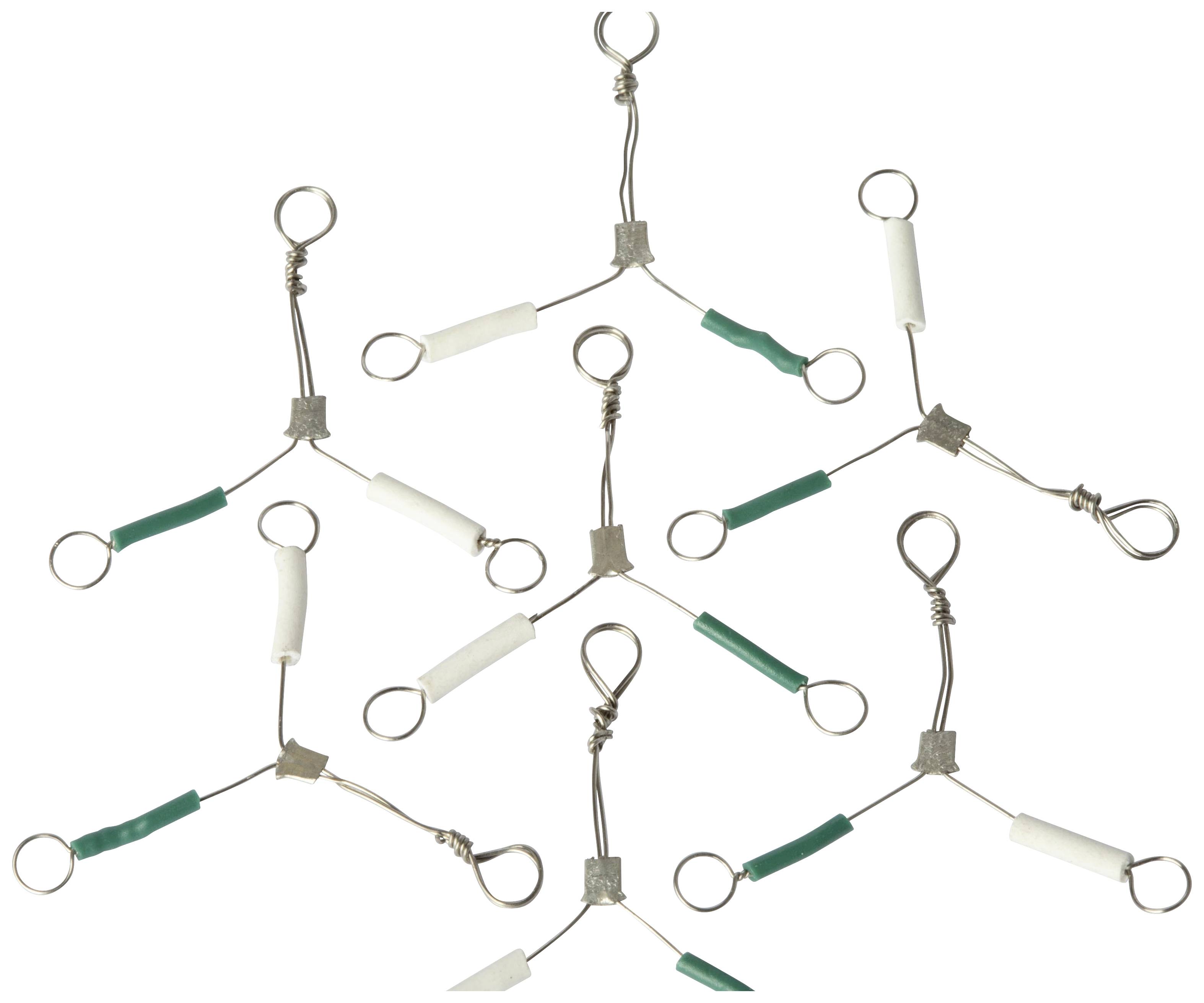 Draadconstructies in een symmetrische opstelling, die werken als gestileerde moleculen, met groen-witte isolatie-elementen.