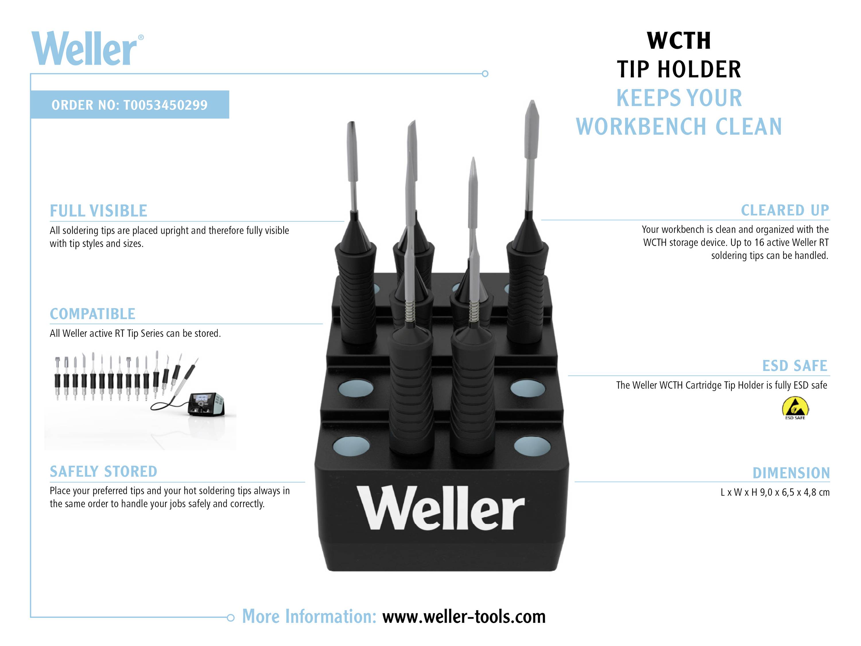 Weller soldeerpunthouder voor een opgeruimde werkplek. Toont soldeerpunten op een houder. Productinformatie en verkooplink.