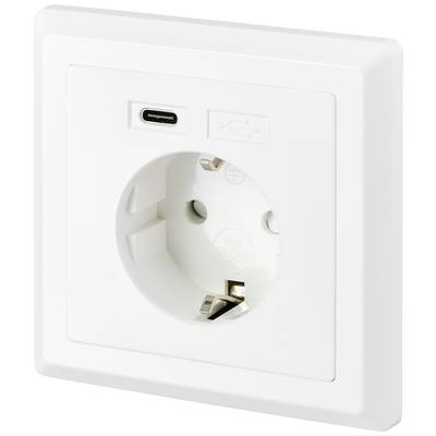 Witte wandcontactdoos met geïntegreerde USB-C-aansluiting.