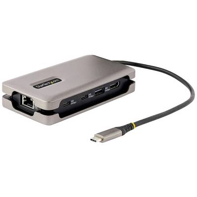 Een zilverkleurige USB-C-hub met meerdere aansluitingen, waaronder HDMI, Ethernet en USB-C. Een USB-C-kabel is aangesloten op de hub.