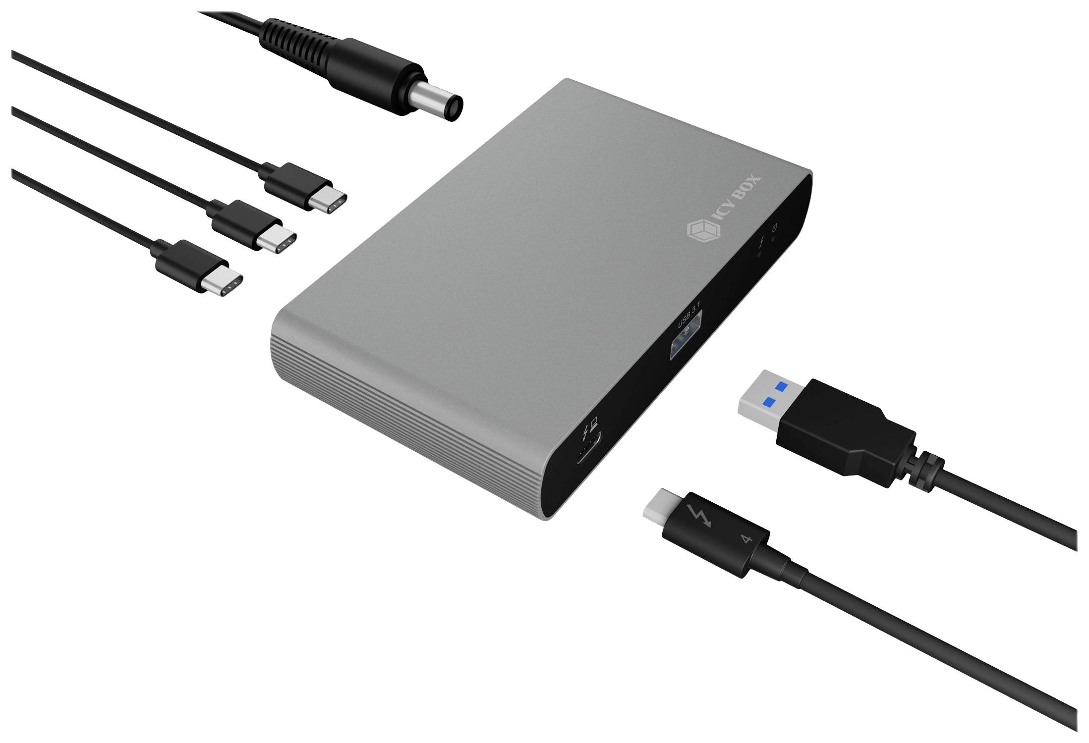 Een grijze universele dockingstation met meerdere aansluitkabels, waaronder USB-C, USB-A en een gelijkstroomaansluiting.