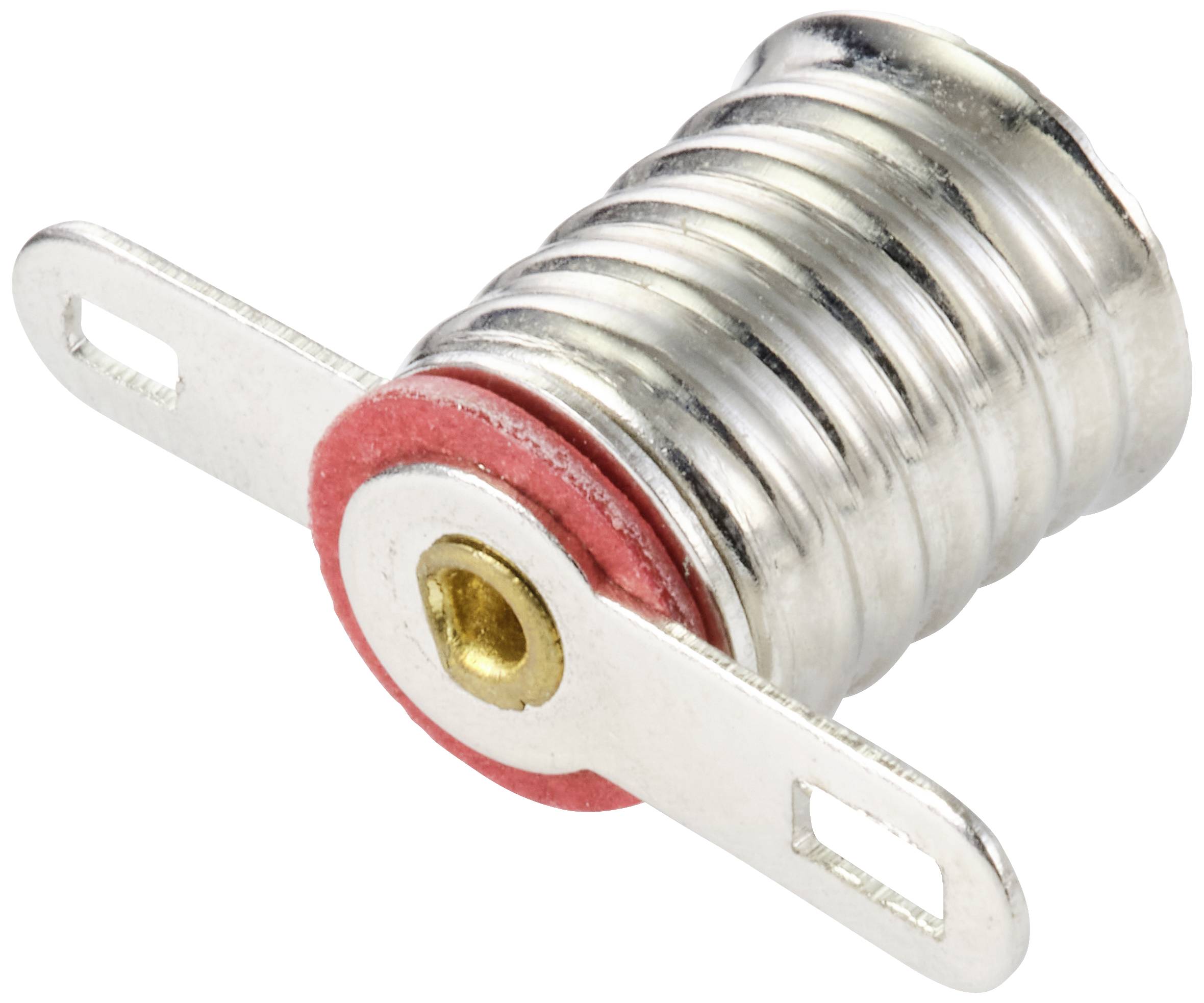 Een metalen cilinder met rode rubberen afdichtingen en twee zijdelingse metalen bevestigingsoren. Mogelijk een elektrisch onderdeel.