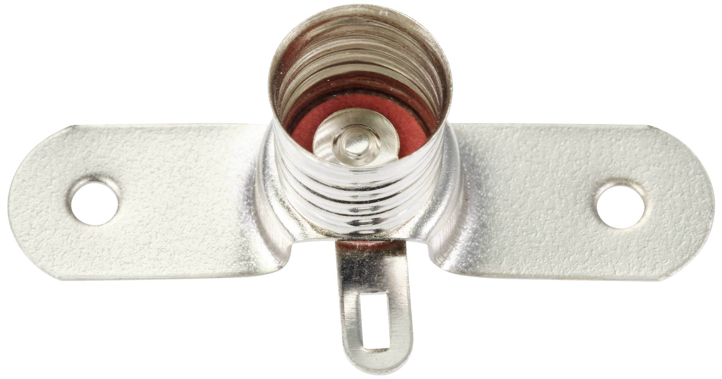 Metalen lamphouder met twee zijdelingse bevestigingsgaten, open schroefdraad en een centraal contactpunt voor elektrische aansluiting.