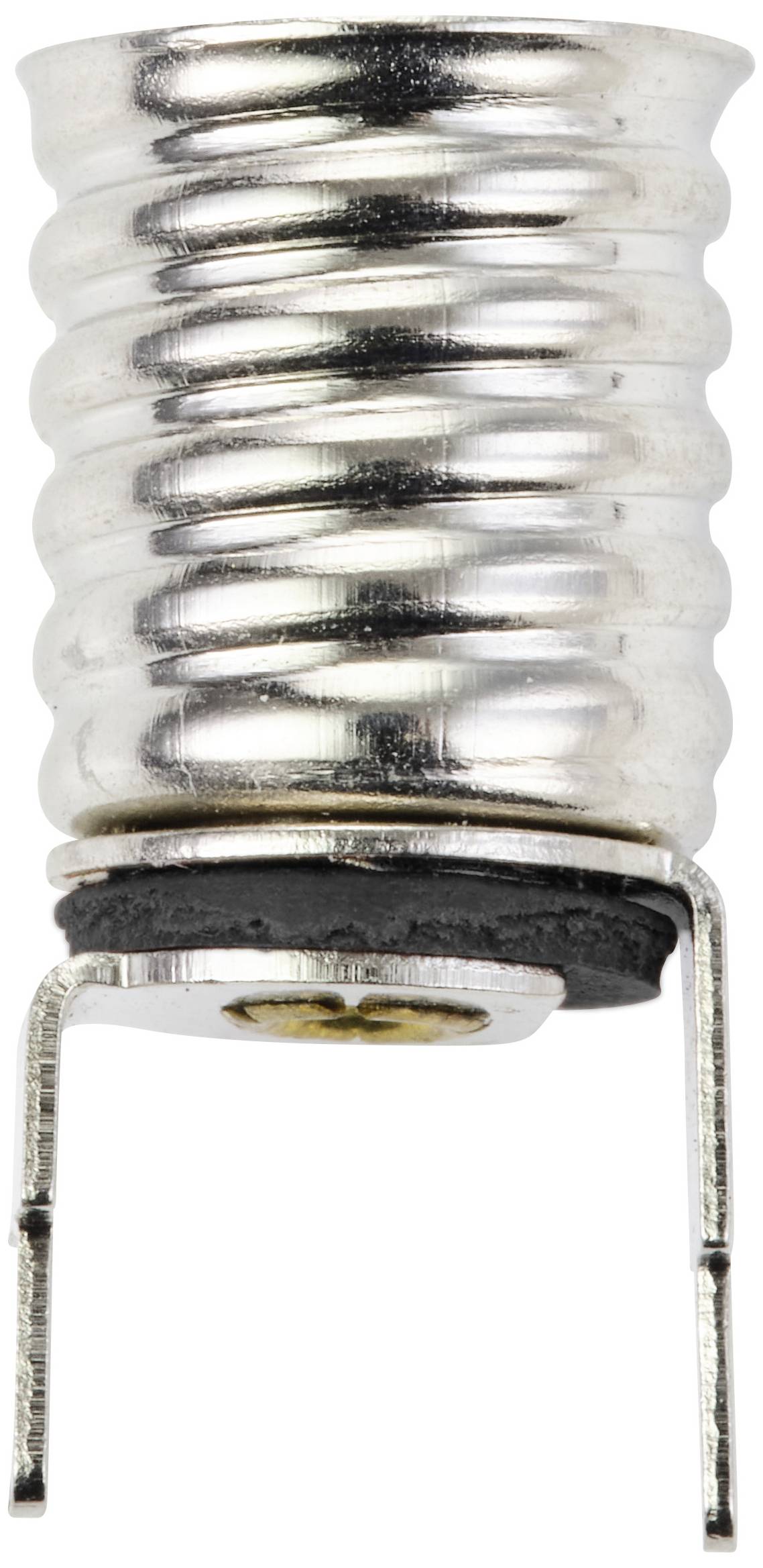 Metalen contact van een E10-batterijhouder met twee aansluitpoten, glanzend spiraalvormig oppervlak. Geschikt voor kleinere verlichtingstoestellen.