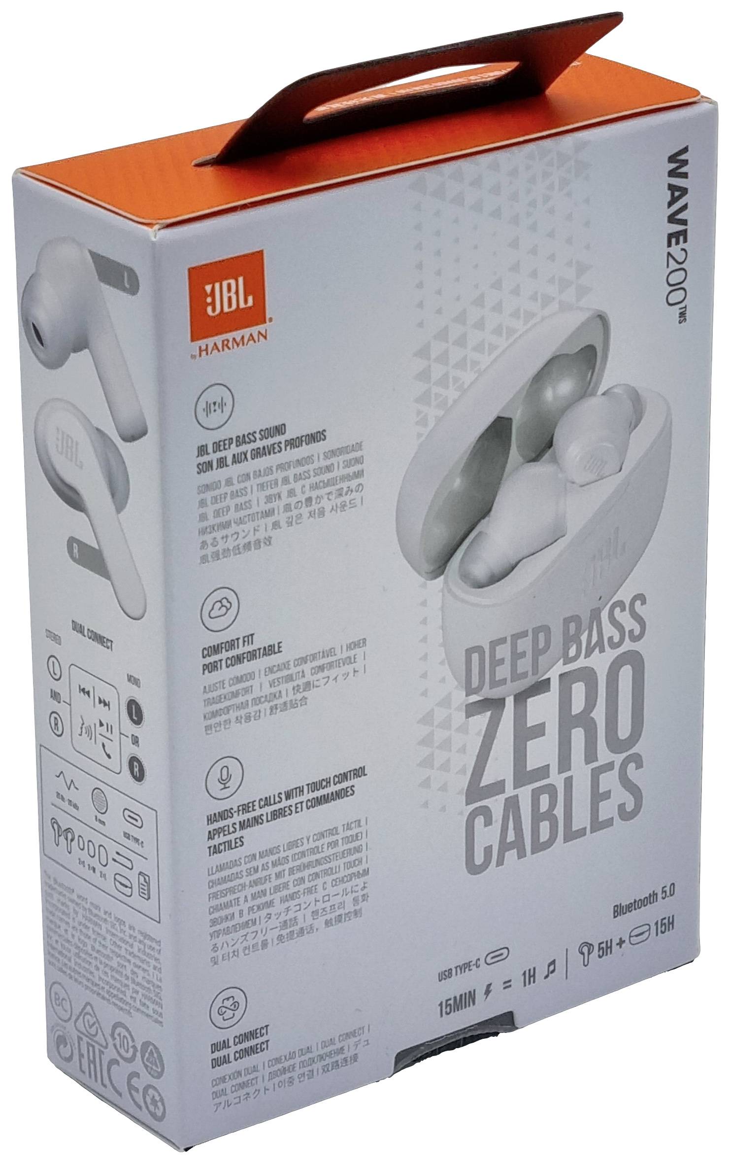 Verpakking van JBL Wave 200TWS oordopjes in Oranje en Wit. Kenmerken: 'Deep Bass', draadloos, Bluetooth 5.0, 15u batterijduur.