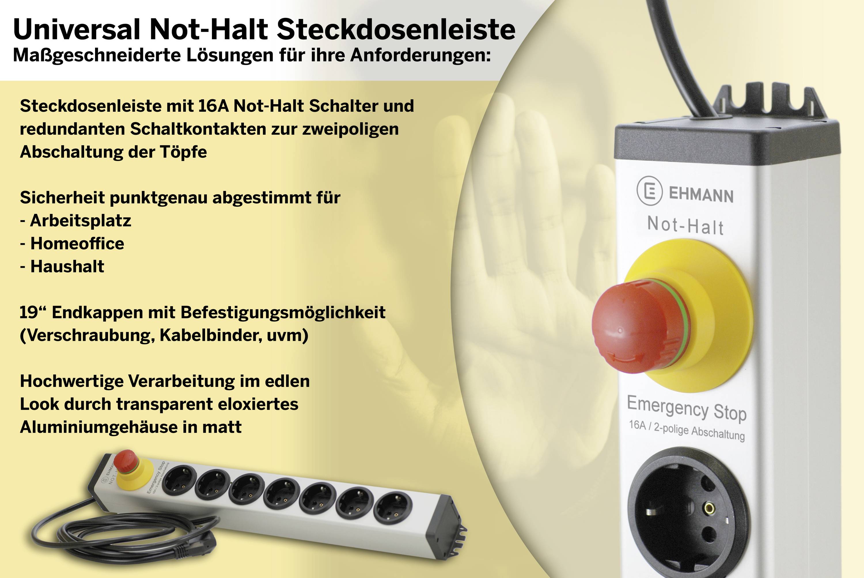 'Universele Nood-Stop Stekkerdoos' met rode noodstopschakelaar, veiligheidsinstructies en afbeelding van stekkerdoos.