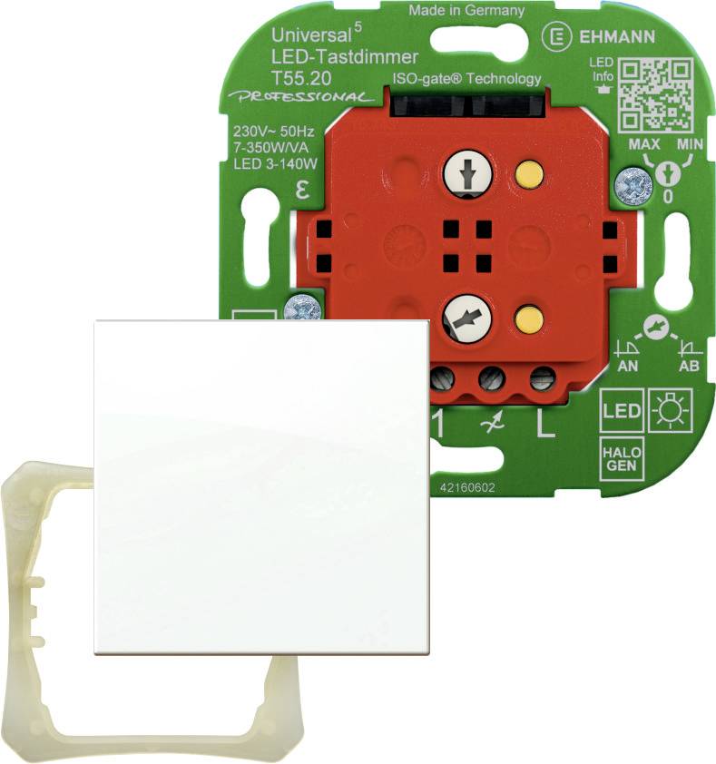 'Universele LED-dimmer T55.20' met rode en groene componenten, toont schakelaar, ISO-Gate-technologie en technische details.