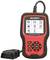 Een rode OBD-II-diagnoscanner van VOLTCRAFT met knoppen en display, toont menuopties zoals 'OBDII' en 'Reset'.