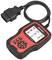 Een rode auto-diagnosescanner met een scherm dat 'Voltcraft' weergeeft. Het apparaat heeft navigatieknoppen en is aangesloten met een OBD-kabel.