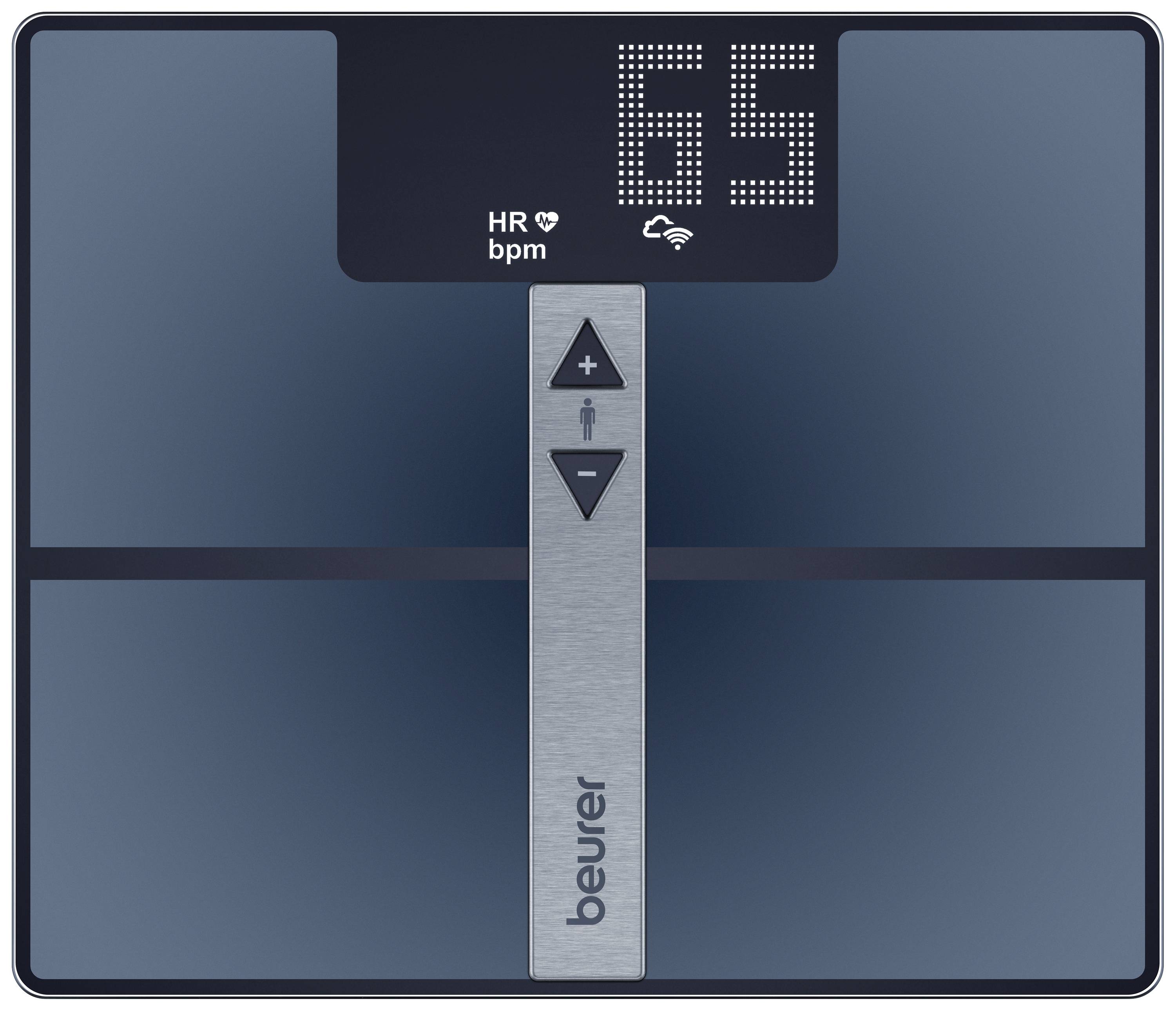 Digitale personenweegschaal met hartslagweergave '65 bpm' en Wi-Fi-symbool op led-display, merk 'beurer'.