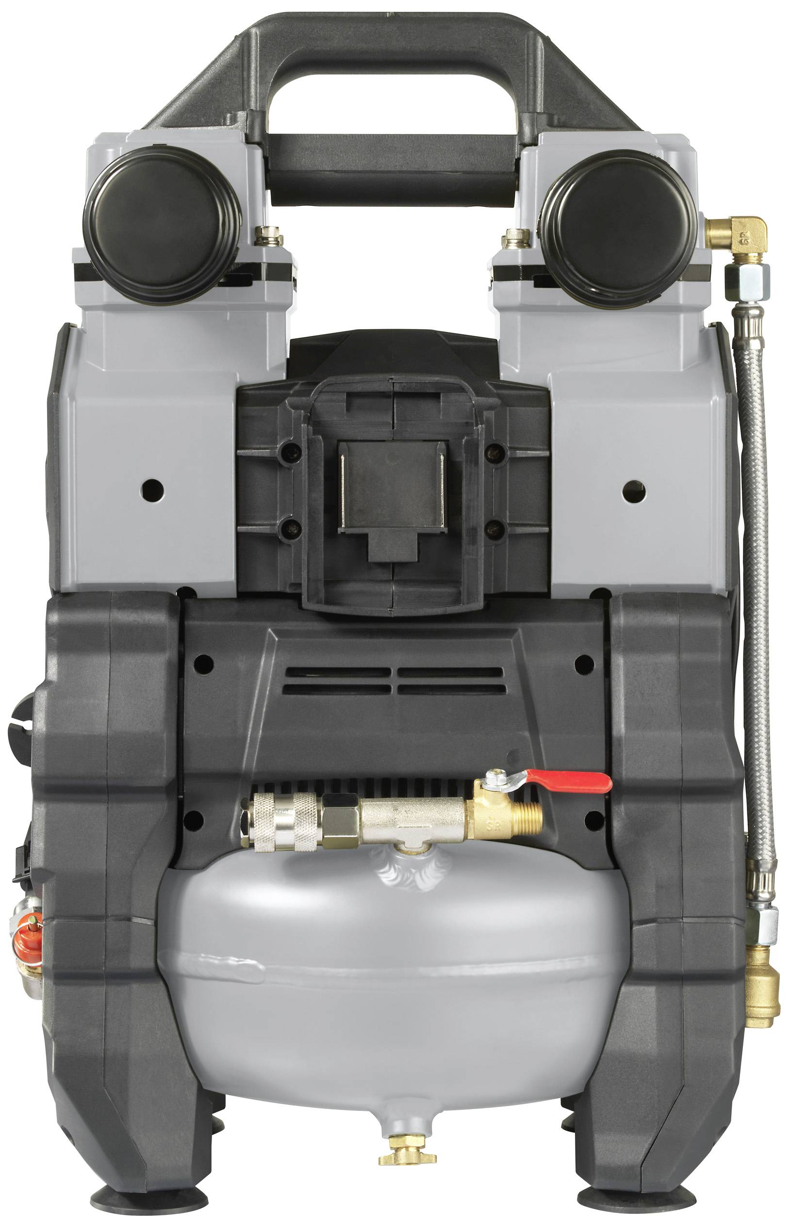 Een grijze compressor met zwarte bevestiging en twee cilinders bovenaan. Geschikt voor werkplaats- of doe-het-zelfklussen.
