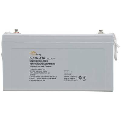 Batterij met opschrift '6-GFM-120, 12V/120Ah'. Waarschuwingen met betrekking tot laadcondities en veiligheidsvoorschriften. Geschikt voor hernieuwbare energie.