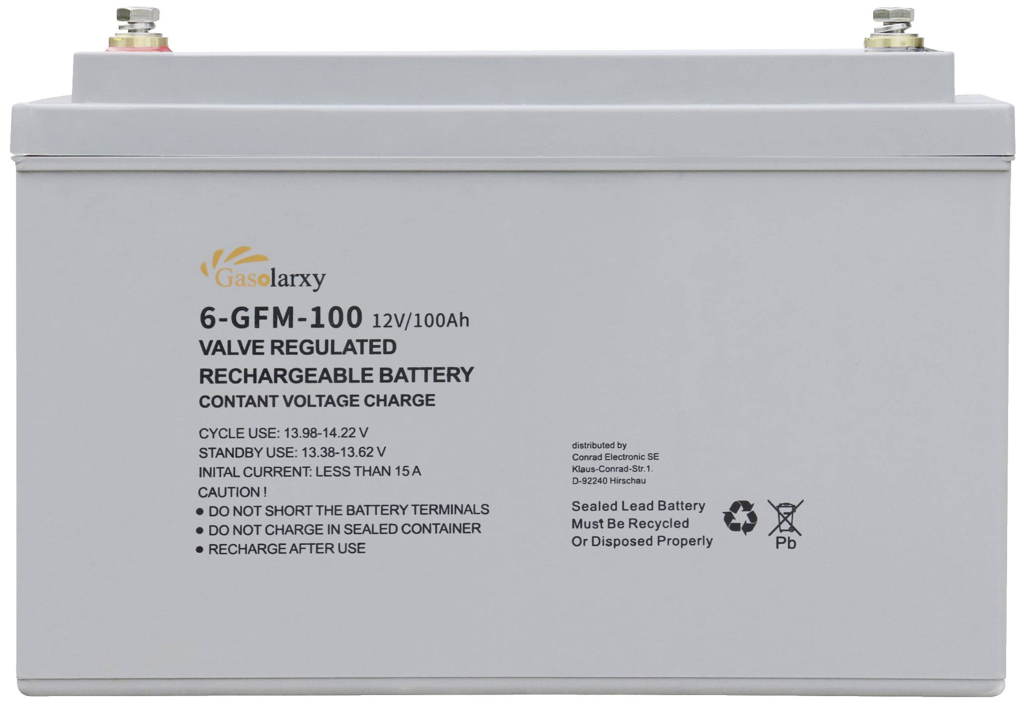 Grijze, rechthoekige batterij met het opschrift '6-GFM-100 12V/100Ah'. Waarschuwingen en technische gegevens zijn zichtbaar aan de voorkant.