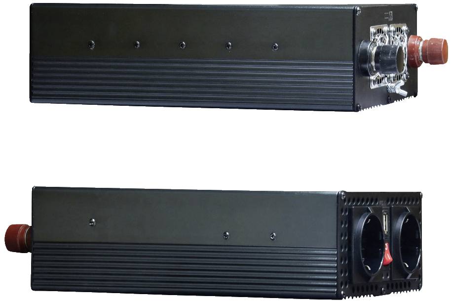 Zwart, rechthoekig elektrisch apparaat met meerdere stopcontacten en schakelaars, getoond vanuit twee verschillende hoeken.