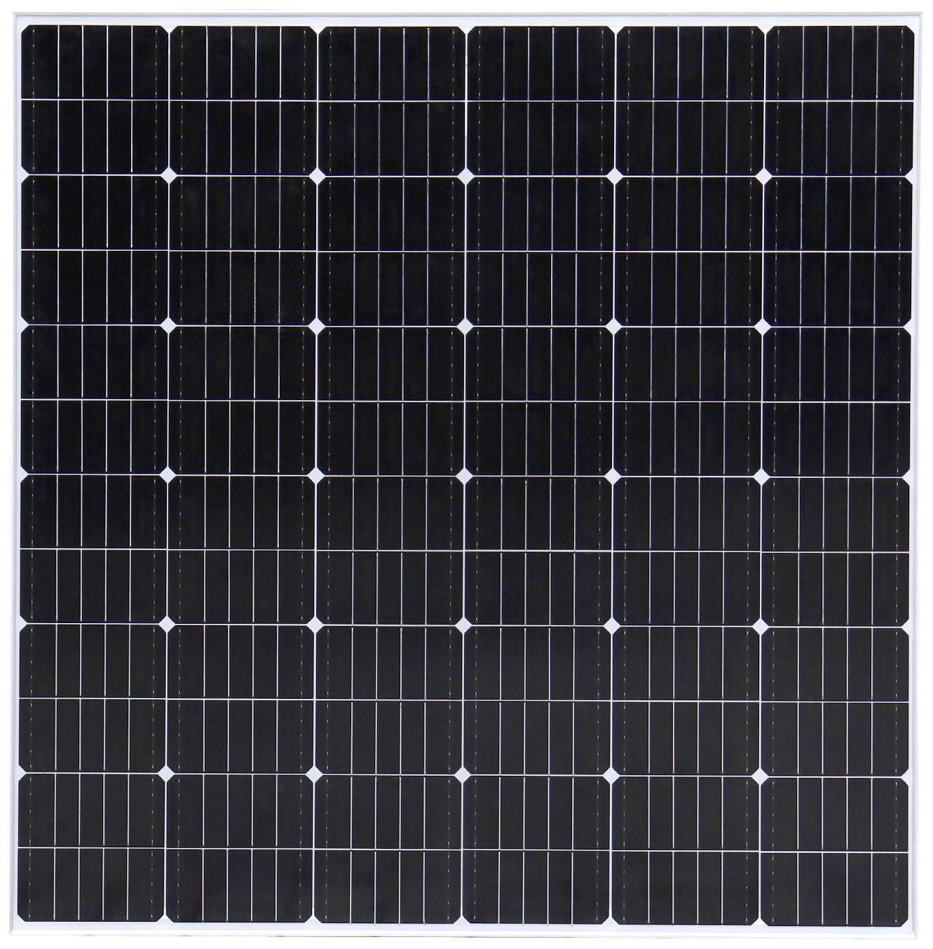 Een rechthoekig zonnepaneel met een rooster van in rijen geschikt, zwarte zonnemodulen, die telkens worden gescheiden door witte lijnen.