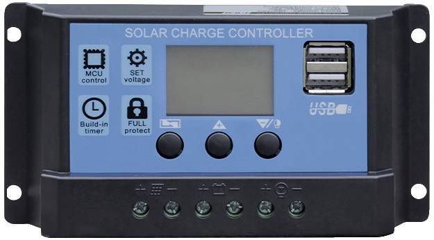 Zonne-energielader met LCD-display, twee USB-poorten en bedieningsknoppen voor spanning en tijdinstellingen, wandmonteerbaar.