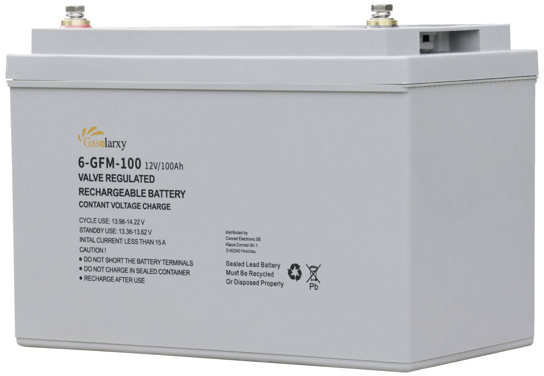 Grijze, rechthoekige, oplaadbare batterij met gedrukte technische specificaties en veiligheidsinformatie.