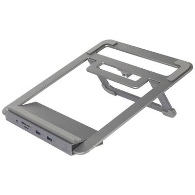 Een verstelbare laptopstandaard met USB-poorten. De standaard biedt ergonomische ondersteuning en zorgt voor luchtcirculatie.