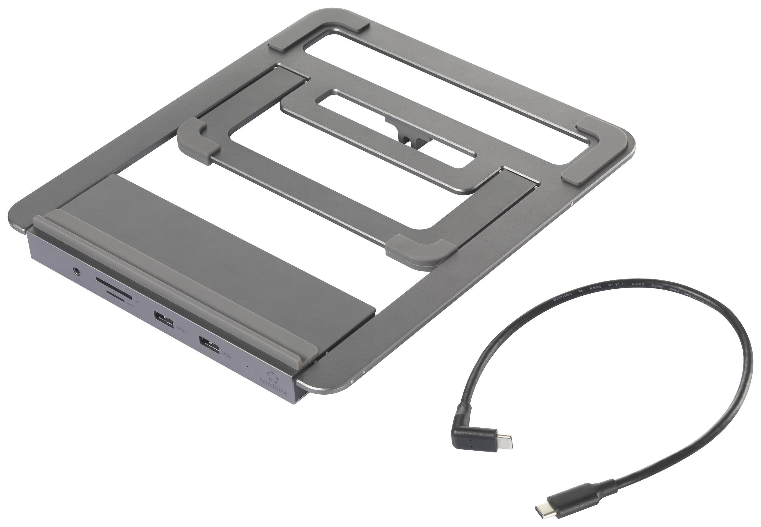 Een laptopstandaard van metaal met geïntegreerde USB-C-dockingstation, naast een afneembaar USB-C-kabel.