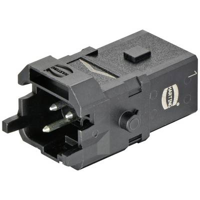 Een rechthoekige, zwarte stekker van Harting met metalen contactpunten.