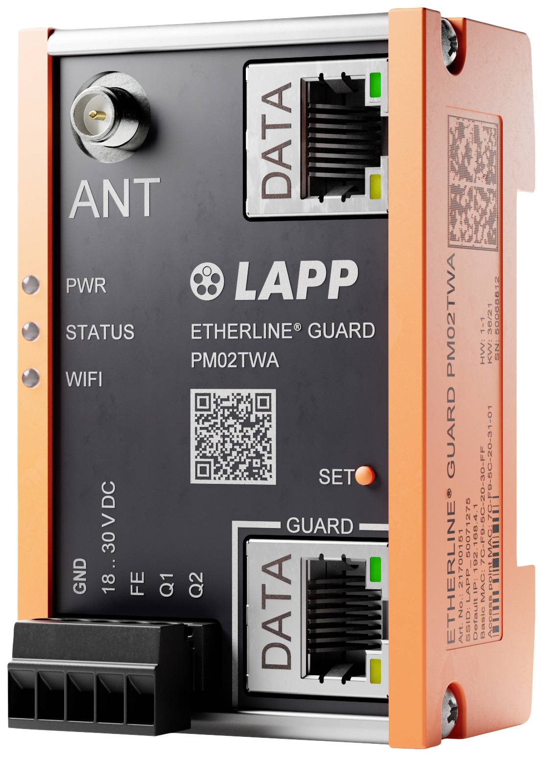 Een Ethernet-bewakingsapparaat met twee data-aansluitingen en een antenne. Opschrift: 'LAPP ETHERLINE® GUARD PM02TWA'.