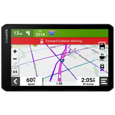 Een navigatiesysteem toont een wegenkaart met een route op de snelweg I-35. Een waarschuwing bovenaan: 'Botsingswaarschuwing'. Snelheid: 60 mph, Aankomsttijd: 14:05 uur.