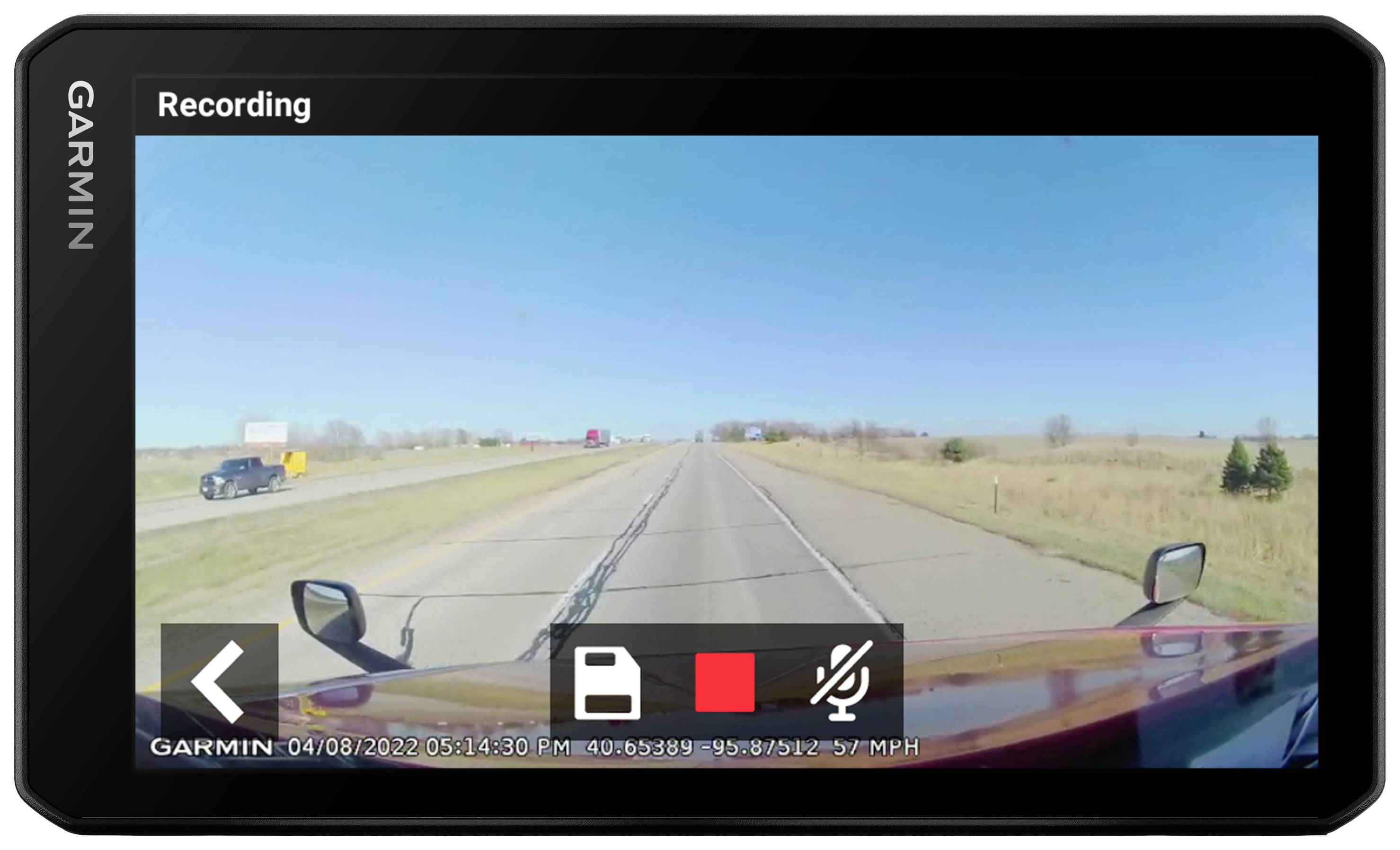 Snelwegnavigatie op een Garmin-scherm, toont een rechte weg onder een heldere hemel, opname wordt vastgelegd.