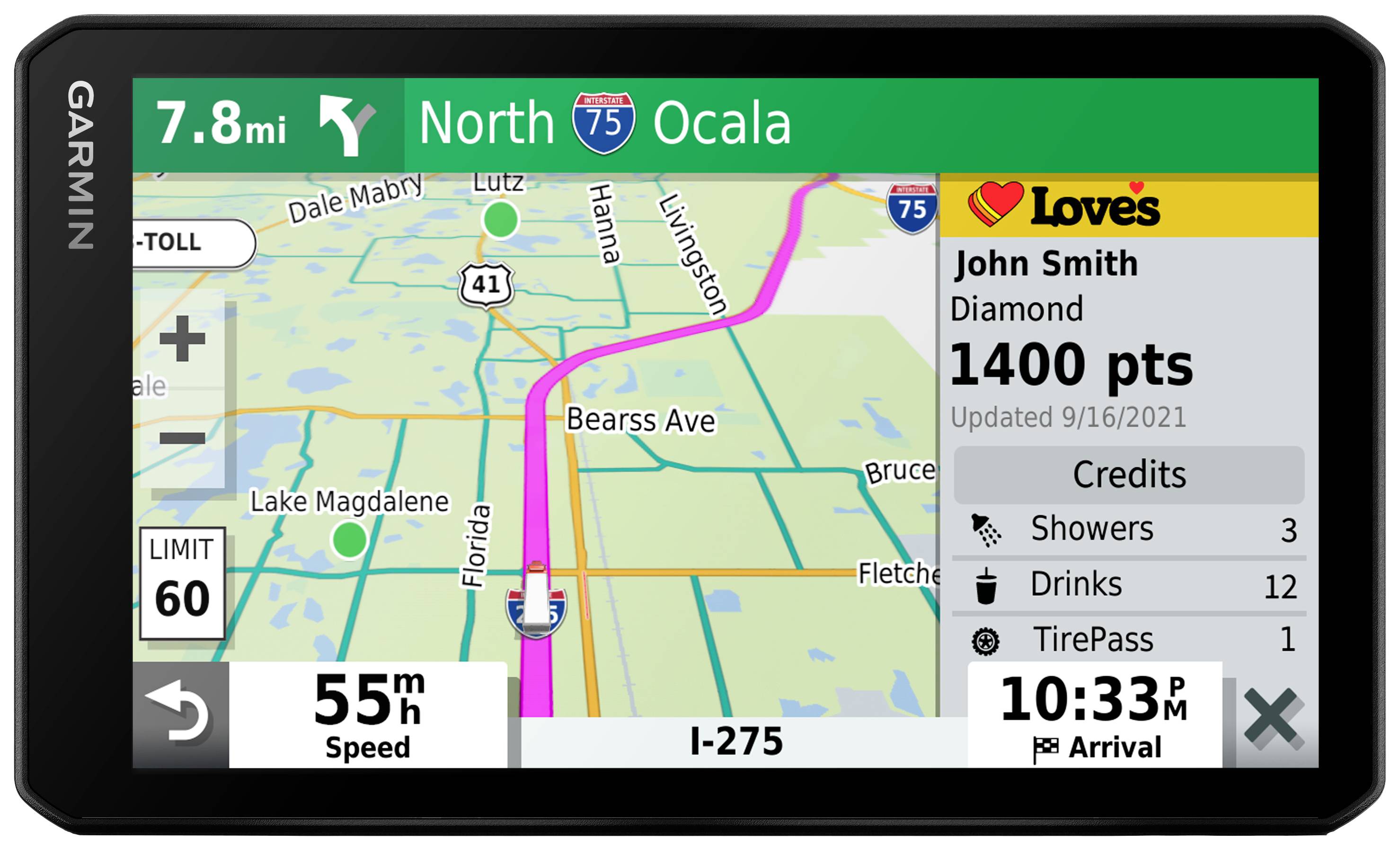 Navigatiesysteem toont route naar Ocala. Boven: Afstand 7,8 mijl, richting Noord, Interstate 75. Rechts: Puntenweergave, Tijd 10:33 's avonds.