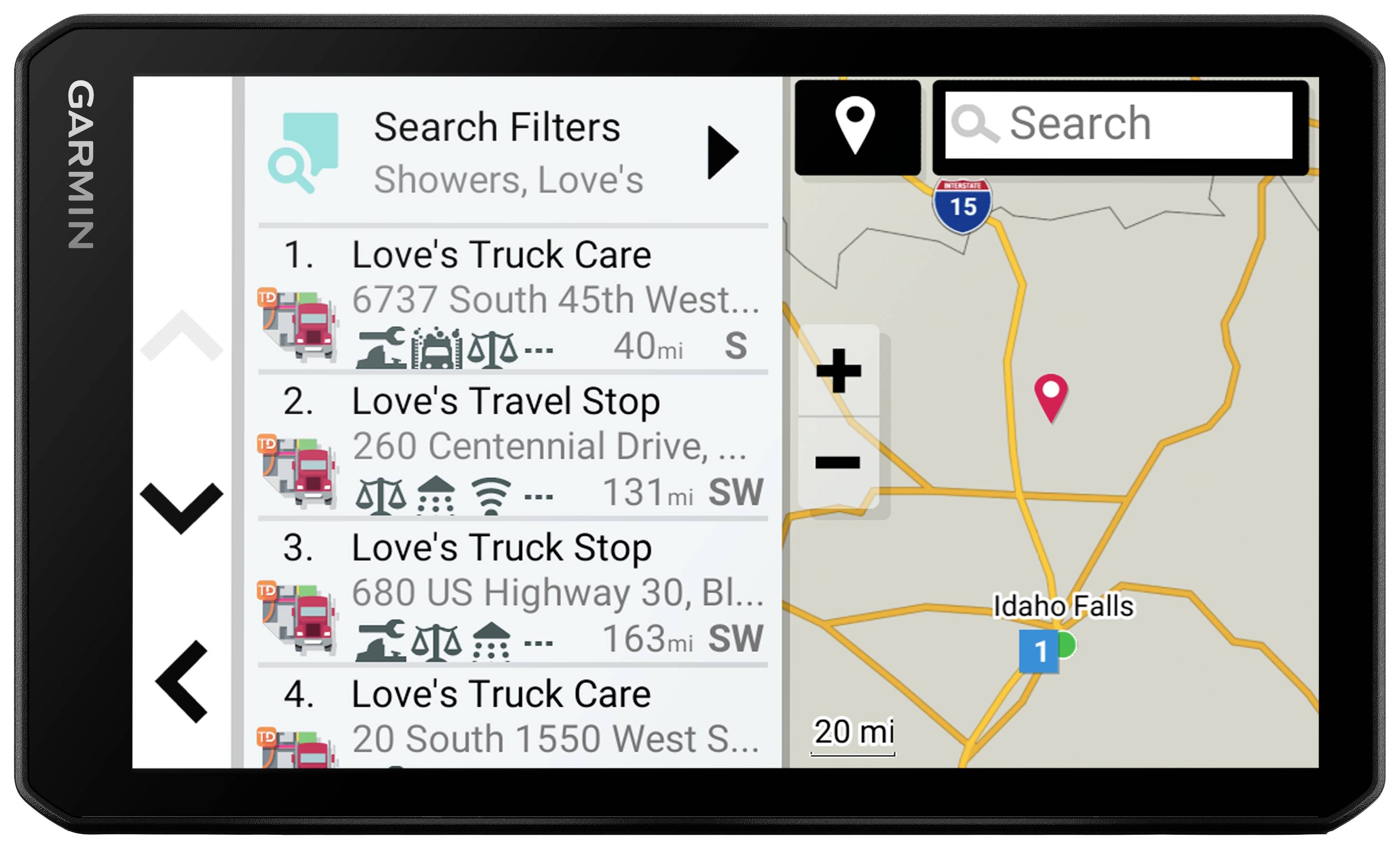 Navigatie op GPS-apparaat toont een lijst van tankstations met adressen en een kaart waarop Idaho Falls is gemarkeerd.