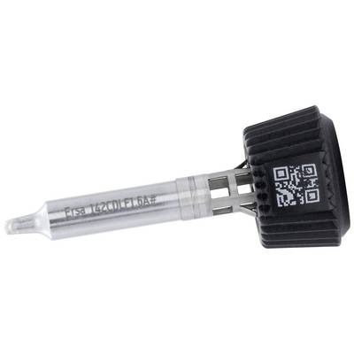 Een metalen onderdeel met handgreep en QR-code, mogelijk een speciaal gereedschap of component, op een witte achtergrond.