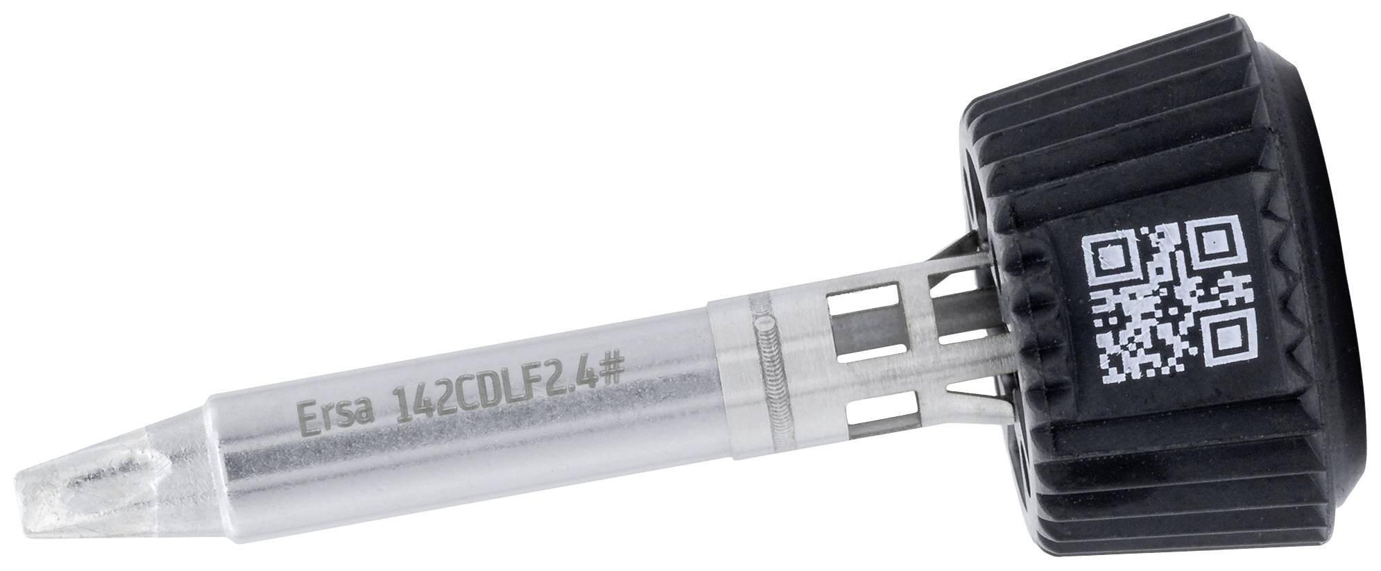 Een soldeerpunt met zwarte kunststof kap en QR-code, naast de tekst 'Ersa 142CDLF24#' op de metalen steel.