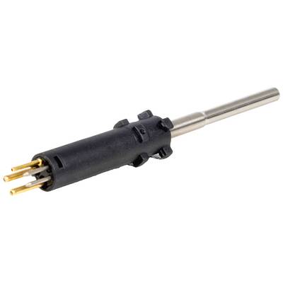 Een metalen pen met een zwarte kunststof handgreep toont vier gouden steekcontacten. Het is een elektrische connector of stekkeronderdeel.