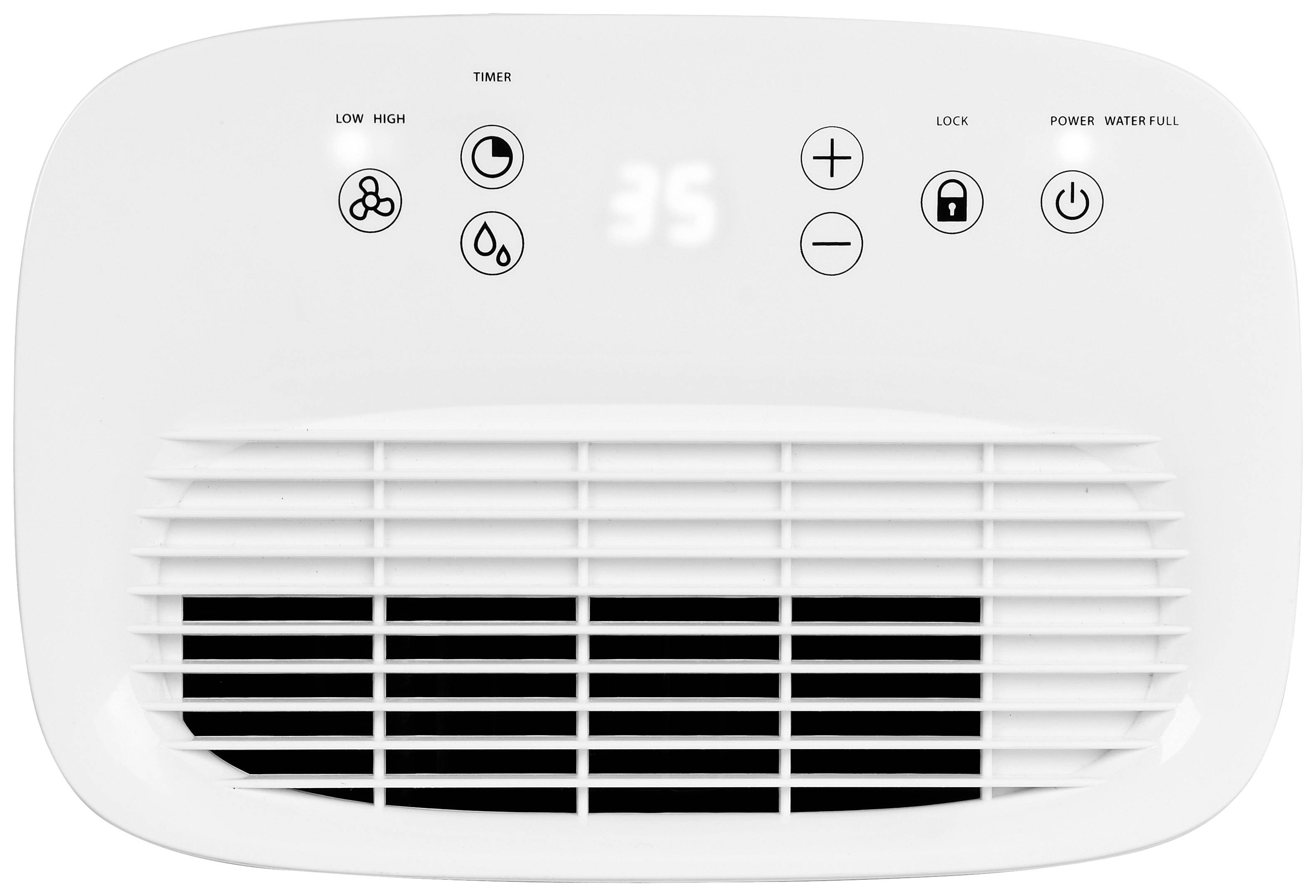 Witte oppervlakte van een luchtontvochter met ventilatiesleuven en symbolen: ventilator, druppel, timer, plus, min, slot, aan/uit.
