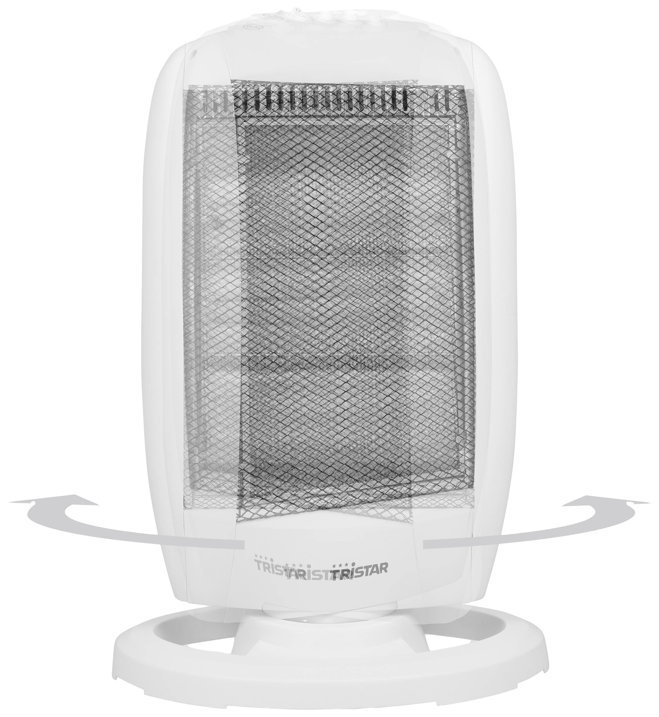 Witte elektrische kachel met oscillerende functie. Aan de voorkant is een zwart beschermrooster zichtbaar. Het apparaat staat op een rond voetstuk.