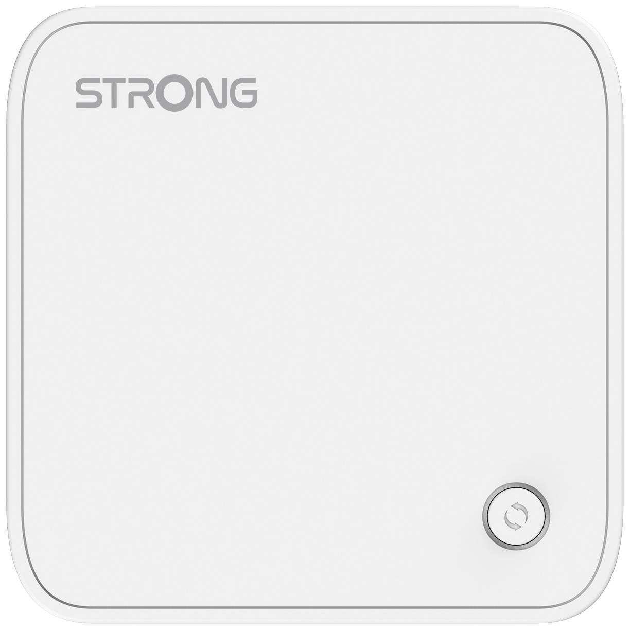 Een witte WLAN-router van het merk STRONG met een Ethernet-aansluiting aan de rechterbenedenhoek.