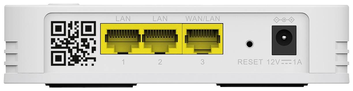 Achterkant van een router met QR-code, twee gele LAN-poorten, een WAN/LAN-poort, resetknop en stroomaansluiting.