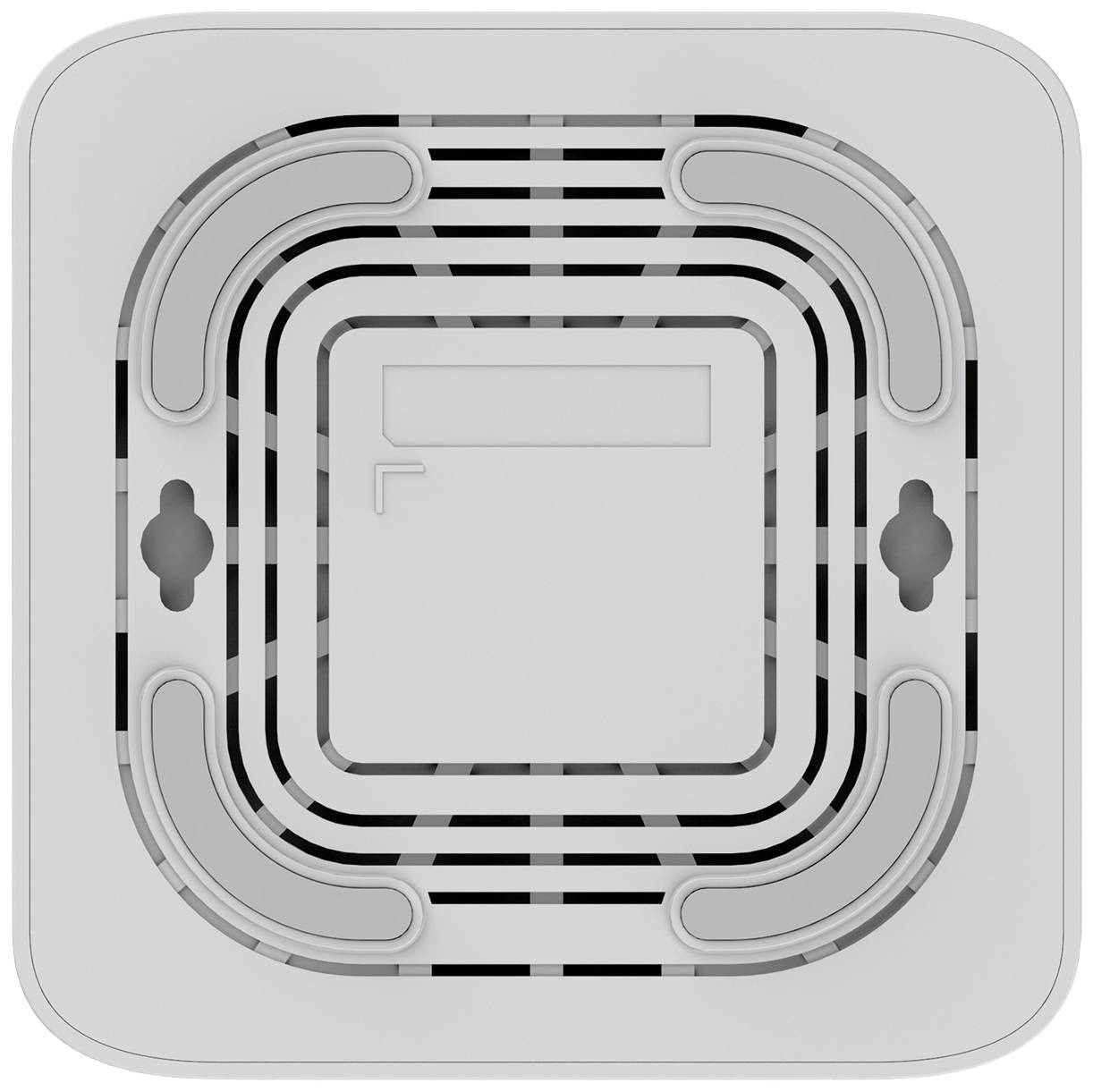 Een rechthoekig, wit apparaat met afgeronde hoeken. In het midden bevinden zich ventilatiesleuven en symmetrische lijnpatronen.