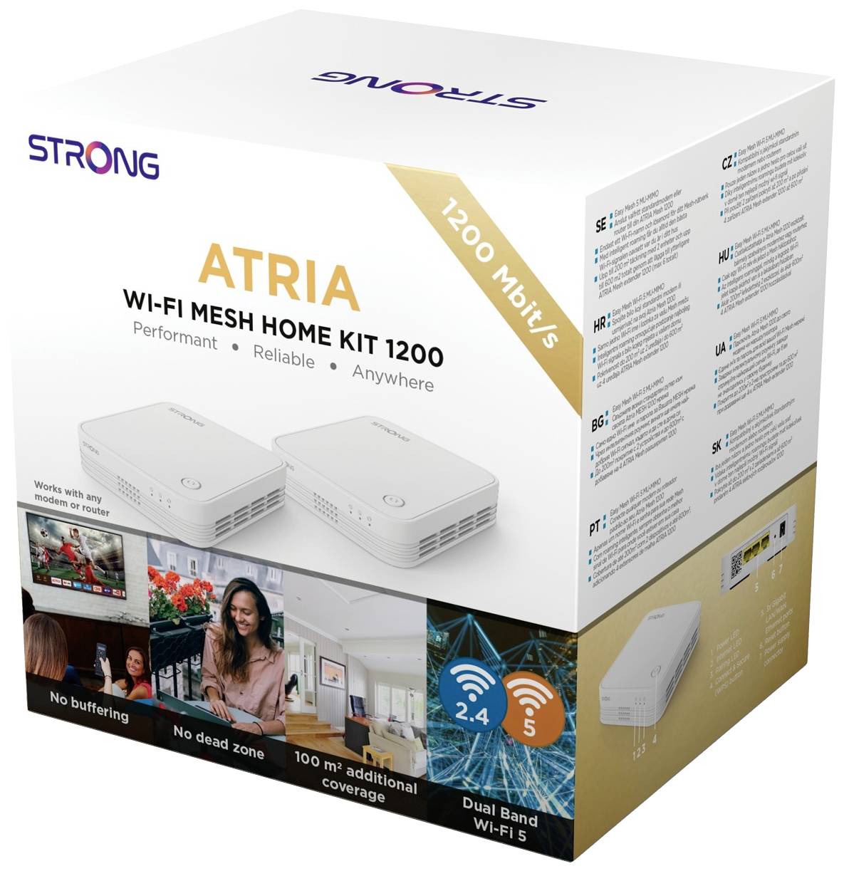 Verpakking van een Wi-Fi Mesh Home Kit met 1200 Mbit/s. Bevat twee witte apparaten. Belooft 'geen buffering', 'dodehoekvrij', '100 m² dekking'.