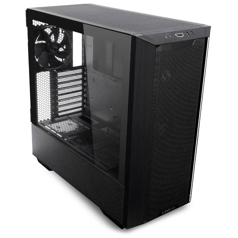 Een zwarte computerbehuizing met een transparant zijraam en geïntegreerde ventilator, zonder zichtbare hardwarecomponenten.