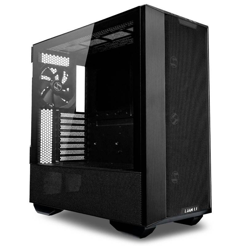 Zwart pc-behuizing van Lian Li met transparant zijpaneel en ventilator aan de achterkant. Geschikt voor montage van computercomponenten.