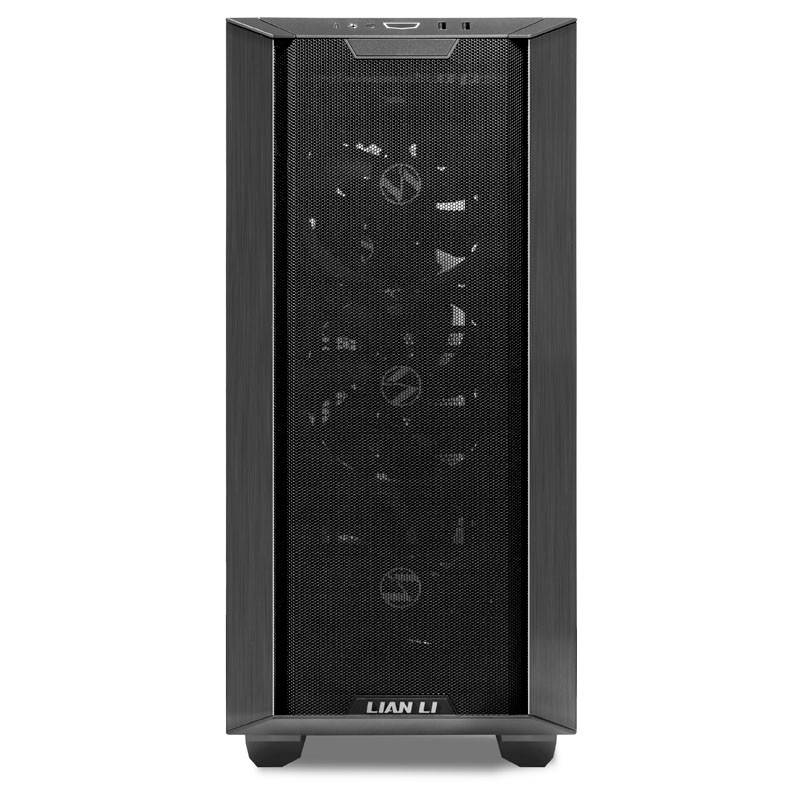 Een zwarte pc-behuizing van Lian Li met een mesh-frontpaneel dat drie binnenliggende ventilatoren zichtbaar maakt.