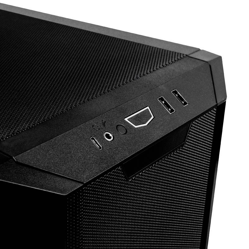 Zwart computerbehuizing met gemarkeerde USB- en audioaansluitingen aan de voorkant.
