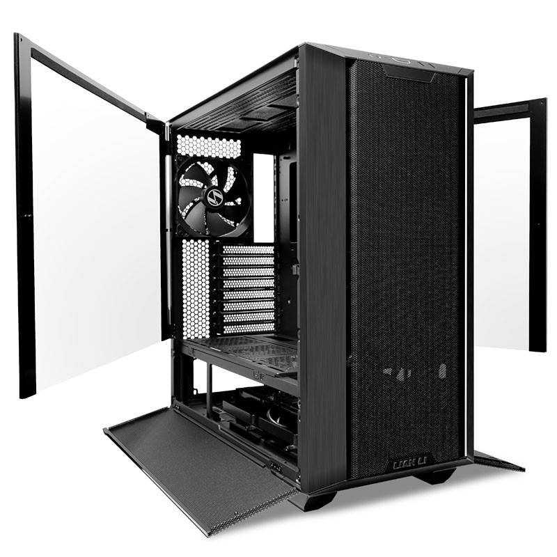 'Open pc-behuizing met luchtinlaten en ingebouwde ventilator. Zij- en voorpanelen geopend, zicht op binnenstructuur.'