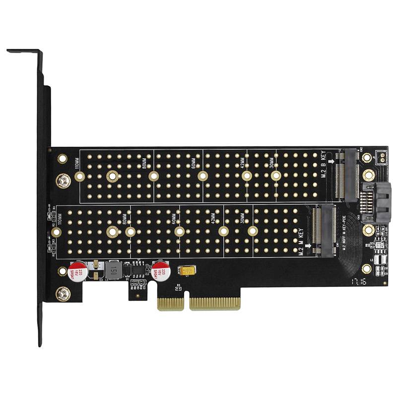'Zwarte PCIe-adapteerkaart met meerdere M.2-sleuven, gouden contactpunten en een zijdelingse interfacesleuf.'
